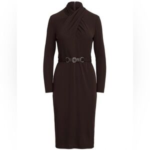 Ralph Lauren Brown Belted Mockneck Jersey Dress 16